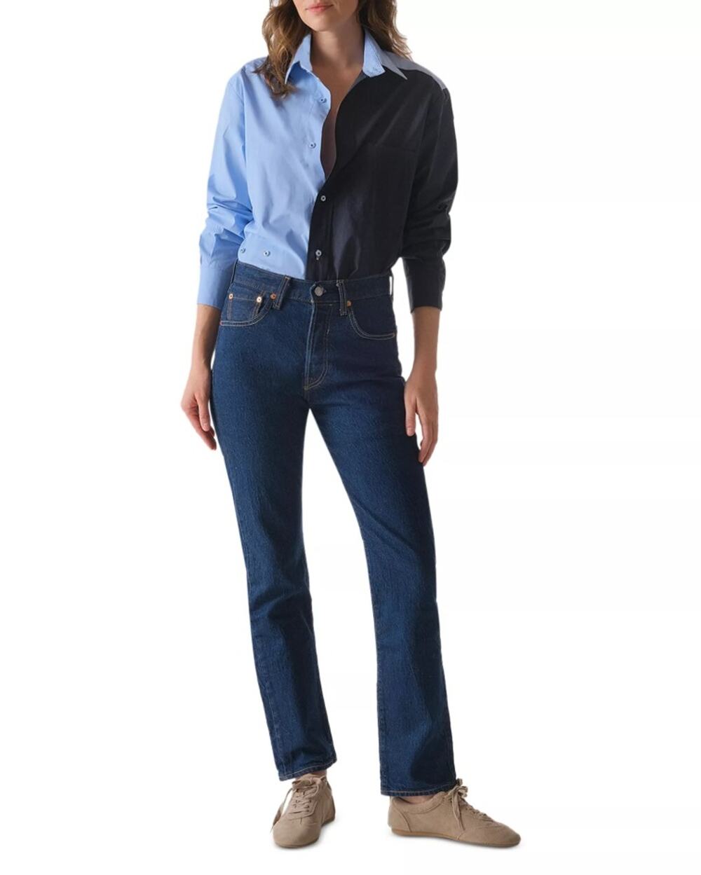 CISSA Women Blue/Navy Color Blocked Cotton Poplin Button Down Shirt Size XS/S